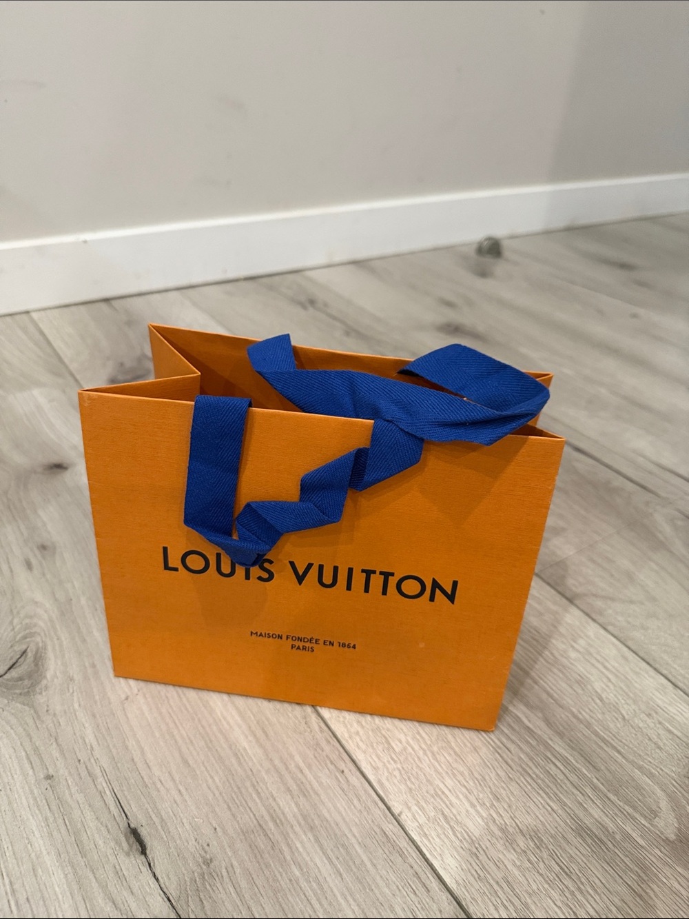 Louis Vuitton Orange Shopping Bag with Blue Ribbon Handles